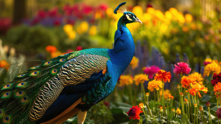 A peacock with iridescent blue and green feathers stands in a vibrant garden. The peacock is positioned on the left side of the image, facing the right. In the background, a multitude of colorful flowers of varying sizes and hues add a sense of depth and vibrancy to the scene.の素材
