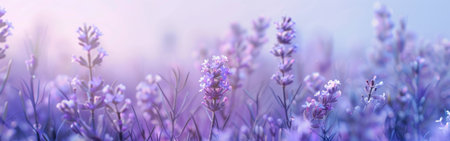 A field of lavender flowers blooms in the soft light of a sunny day. The purple flowers are in focus, with the background blurred and fading to a lighter purple and white.の素材