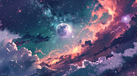 A digital illustration of a night sky with clouds, a full moon, and a vast amount of stars. The clouds are a mix of dark, light, and pink hues, and the sky is a deep blue with splashes of green.の素材