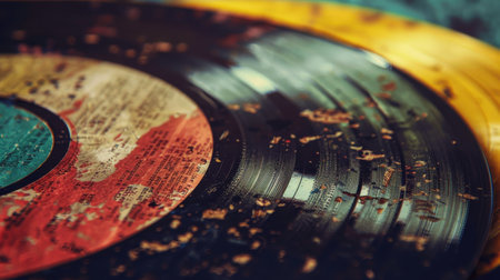 A close-up shot of a vintage vinyl record with a faded, red label. The record is covered in dust and scratches, showing signs of wear from years of use. The grooves and the label are visible, with the label faded and worn.の素材
