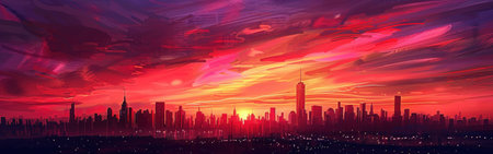 A panoramic view of a city skyline at sunset, with tall buildings silhouetted against a sky filled with vibrant red and orange hues. The clouds are layered and streaked with light, creating a dynamic and colorful scene.の素材