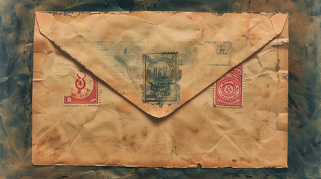 A close-up view of an old, worn paper envelope, featuring a large, faded postmark and three postage stamps, one with a circular design. The envelope is closed and appears to have been well-traveled, showing its age and history.の素材