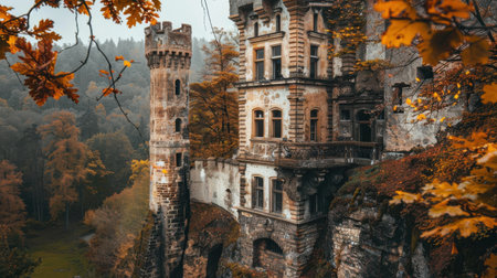 A weathered stone castle tower with multiple windows, surrounded by vibrant autumn foliage, stands on a cliff overlooking a dense forest. The castle's structure is partially obscured by the trees, adding to the mystique of the scene.の素材