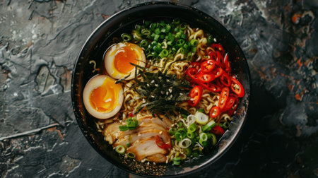 A bowl of ramen with soft boiled eggs, chicken, and chili peppers is shown from an overhead perspective. The ramen is in a black bowl, set on a dark textured background. The noodles are topped with chopped green onions, shredded nori, and sesame seeds.の素材