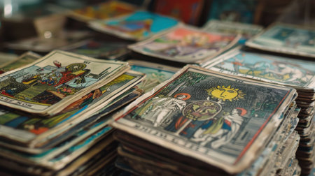 A close-up view of a stack of vintage tarot cards, each with detailed illustrations of figures, symbols, and scenes. The cards are worn and faded, suggesting they have been used and loved for many years.の素材