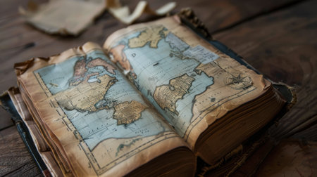 An antique book, open to a page displaying a hand-drawn world map, is laid on a wooden surface. The book's pages are yellowed and worn, suggesting age and frequent use. A compass rose is visible on the bottom right corner of the map.の素材