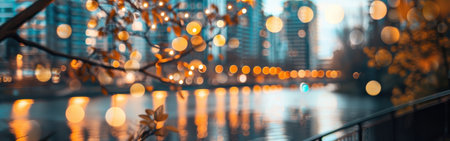 A blurred image of a city at night, with the lights reflecting in a river. A tree branch with leaves hangs in the foreground, obscuring the view of the city. The image is taken from a low angle, looking up at the cityscape.の素材