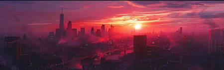 The sun sets over a city skyline, casting a red glow over the buildings and the surrounding clouds. The cityscape is bathed in a warm, orange light as the sun dips below the horizon.の素材