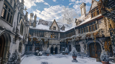 A picturesque courtyard of a grand European castle is covered in fresh snow. The buildings, with their stone walls, arched doorways, and ornate windows, are adorned with snow and icicles. A bright, blue sky peeks through the clouds above, casting a warm glow on the scene.の素材