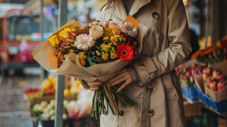 A woman in a beige trench coat holds a large bouquet of yellow, orange, and red flowers wrapped in brown paper. The bouquet is centered in the frame, and the woman's hands are visible holding the flowers. The background is blurred, showing a market scene with a red vehicle and a variety of fruits and vegetables.の素材