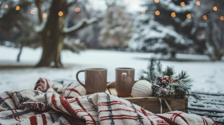Two steaming mugs of hot beverages rest on a wooden tray, nestled amongst a festive pine branch adorned with berries and pine cones. A cozy plaid blanket rests beside the tray, providing a welcoming spot to enjoy the warmth and serenity of the snowy winter scene outside.の素材