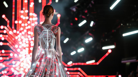 A fashion model wearing a glowing, transparent dress walks the runway at a fashion show. The background features a backdrop of red and white lights, creating a futuristic aesthetic.の素材