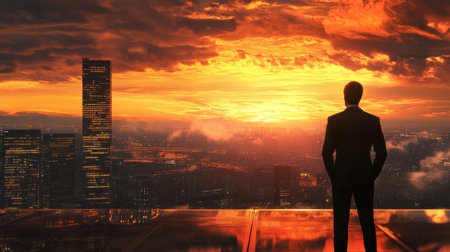 A man in business attire watches a stunning sunset casting orange and purple hues over the city skyline, reflecting on the day's events and future possibilities.の素材