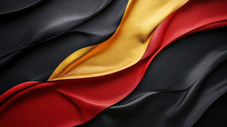 Belgium's flag, with its striking black, yellow, and red colors, showcases a beautiful interplay of fabric as it flows elegantly across a dark surface, representing national identity.の素材