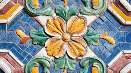 The ceramic tile displays a detailed floral motif with bright yellow petals and lush green leaves, showing expert craftsmanship and vivid colors in a historic ambiance.の素材