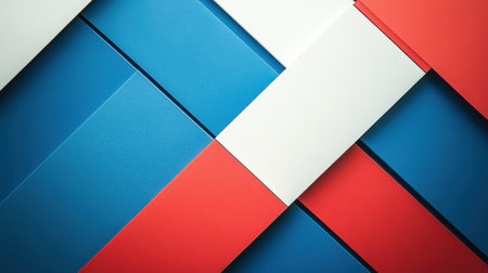 Bold blue, red, and white geometric shapes are arranged in a striking pattern, creating a visually captivating design on a flat surface, ideal for artistic exploration.の素材