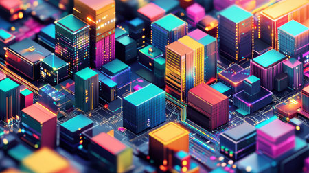 A stunning arrangement of colorful buildings forms a vibrant urban landscape, with illuminated streets weaving through the city, creating a lively nighttime atmosphere.の素材