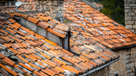 Old terracotta tiles on rooftops blend nature and architecture in a charming village. The warm colors reflect sunlight, highlighting the beauty of the area.の素材