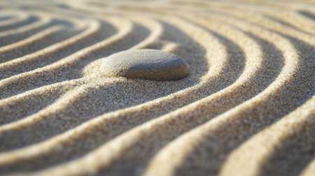 A smooth stone rests on a sandy surface, surrounded by gently flowing ripples created by wind or water, capturing a moment of tranquility and natural beauty.の素材