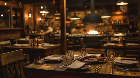 A cozy restaurant setting showcases a beautifully arranged table with cutlery and glassware, illuminated by soft lighting in the background, creating an inviting atmosphere.の素材