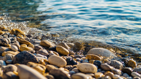 Waves softly roll in, creating ripples across a tranquil lake as sunlight glistens on smooth stones scattered along the shore. Nature's beauty shines bright.の素材