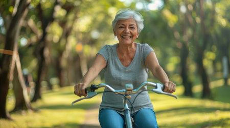 A woman is riding a bicycle in a park. She is smiling and she is enjoying herselfの素材