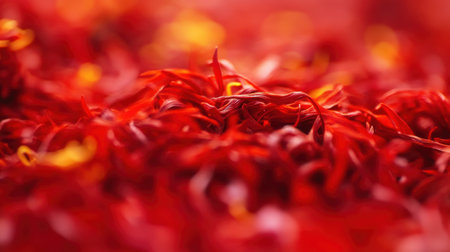 A close-up view reveals vibrant red saffron threads, highlighting their rich color and fine texture. These threads are commonly used in cooking and herbal remedies for their unique flavor and aroma.の素材