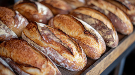A variety of artisan bread loaves are arranged neatly on rustic wooden shelves in a warm-lit bakery. The golden crusts reflect the morning light, inviting customers to indulge.の素材