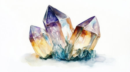 This artwork presents three stunning crystal formations, showing vibrant hues of purple and gold, surrounded by a soft blue base. The light reflects beautifully off the faces.の素材