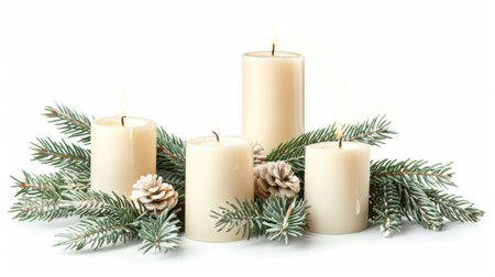 A beautiful display featuring five white candles set among fresh evergreen branches and delicate pine cones, creating a tranquil winter ambiance perfect for festive decor.の素材