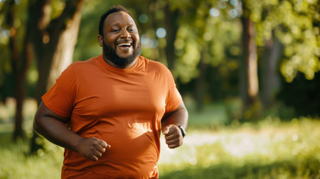 A man in an orange shirt is running in a park. He is smiling and he is enjoying himselfの素材