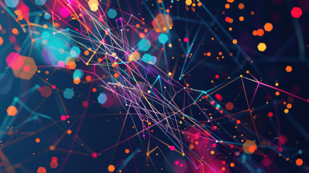 A vibrant composition features colorful lines and geometric shapes illuminated against a dark background, representing concepts of connectivity and digital networks in modern technology.の素材