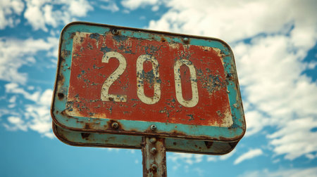 A weathered road sign prominently displays the number 200, standing against a backdrop of a vibrant blue sky adorned with white, fluffy clouds, evoking nostalgia for travel.の素材