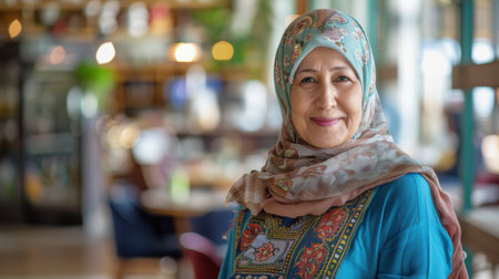 A woman wearing a blue scarf and a blue dress is smiling. She is standing in a restaurantの素材