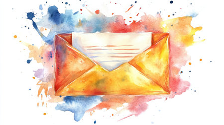 This artwork features an open envelope revealing a blank letter inside, surrounded by lively watercolor splashes in orange, blue, and yellow hues, creating an artistic atmosphere.の素材