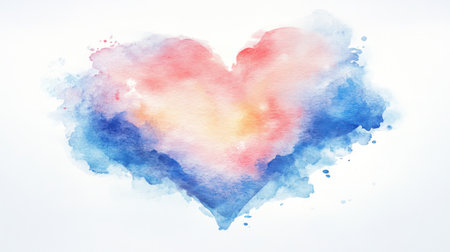 A beautiful heart shape is created using vibrant watercolor techniques, blending shades of red, pink, and blue. The artwork evokes emotions and artistic expression.の素材