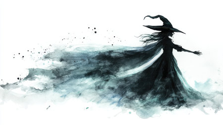 A sorceress stands elegantly, her long cloak billowing as she casts a spell. Wisps of mist surround her, enhancing the enchanting atmosphere of the scene.の素材