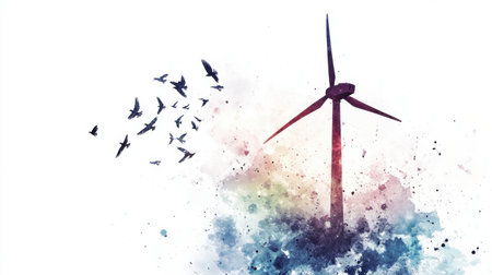 This artwork features a vibrant wind turbine amidst a burst of color, with numerous birds flying around, symbolizing the connection between energy and the environment.の素材