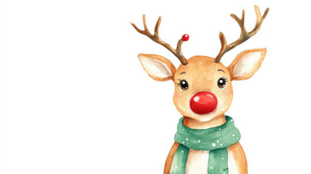 A cheerful cartoon reindeer has a bright red nose and wears a cozy green scarf. This friendly character is ideal for enhancing holiday cheer and festive celebrations.の素材