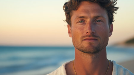 A young man stands by the shore during sunset, gazing at the horizon. The tranquil ocean waves create a serene backdrop as the day comes to an end.の素材