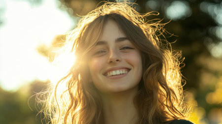 A young woman with wavy hair smiles joyfully as the sun sets behind her, creating a warm glow around her in a serene park setting.の素材