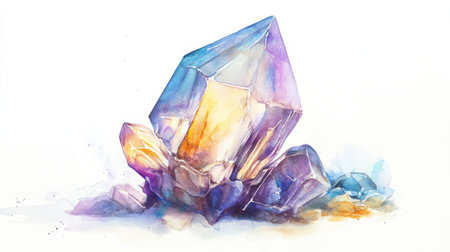 A large, vibrant crystal stands prominently, surrounded by smaller crystals. The luminous colors and soft edges create an ethereal and enchanting aesthetic, emphasizing natural beauty.の素材