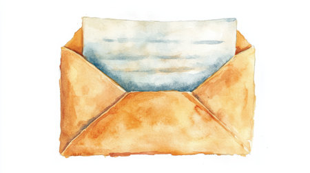 An artistic watercolor rendering of an open envelope containing a letter, conveying themes of communication, correspondence, and personal touch in writing.の素材