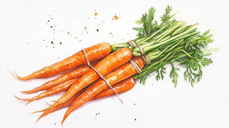 This bundle of freshly dug carrots features bright orange roots tied together with green tops, reflecting the natural colors and freshness of garden produce.の素材