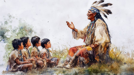 An elder, adorned in traditional attire, shares captivating stories with a group of attentive children sitting on the ground in a natural setting.の素材