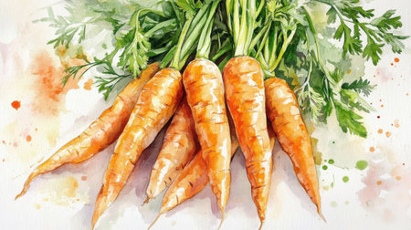 A bunch of freshly harvested carrots with bright orange roots and green tops is artistically arranged. The watercolor background adds a lively touch to this natural produce.の素材