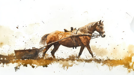A strong horse is harnessed to a plow, moving steadily across a field. The backdrop highlights the beautiful autumn colors of the rural landscape, emphasizing agricultural traditions.の素材