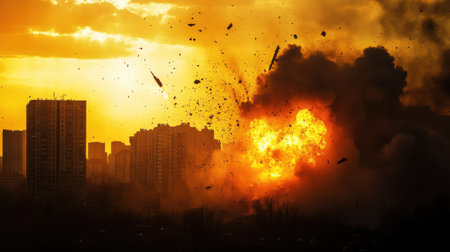 A powerful explosion lights up the evening sky, casting an orange glow over the city skyline. Smoke and debris fill the air as buildings loom in the background.の素材