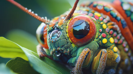 A colorful caterpillar is perched on a leaf, showing its intricate patterns and textures against a blurred, natural background under bright sunlight.の素材