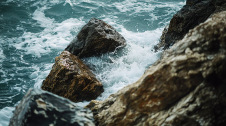 Waves surge over weathered rocks at the ocean's edge, creating a dynamic contrast of textures and colors against the cloudy sky.の素材